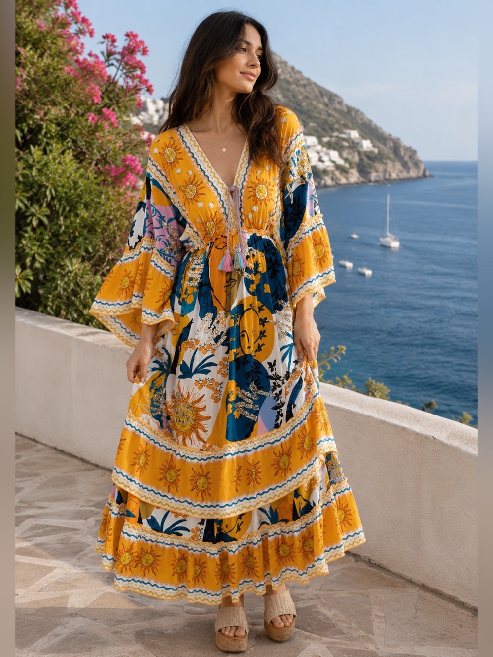 Bohemian Sunflower Maxi Dress - Yellow Floral from Paris